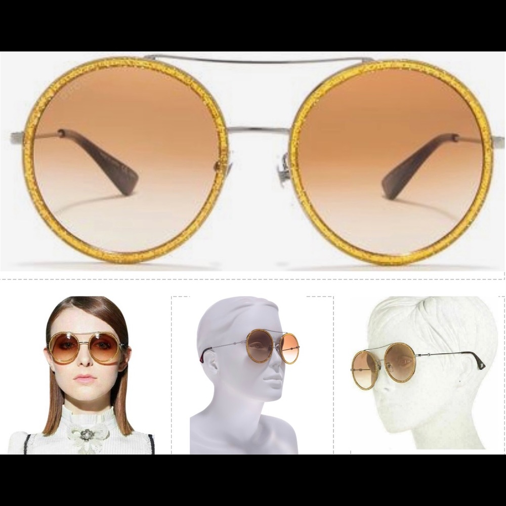 GUCCI UNISEX GOLD GLITTER ROUND SUNGLASSES, 2024 FASHION STATEMENT IS ROUND - Picture 4 of 16